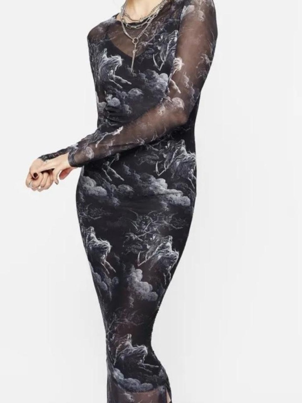 Disturbia revelation Long Sleeve Bodycon mesh Dress in Black Gray Cloud Print